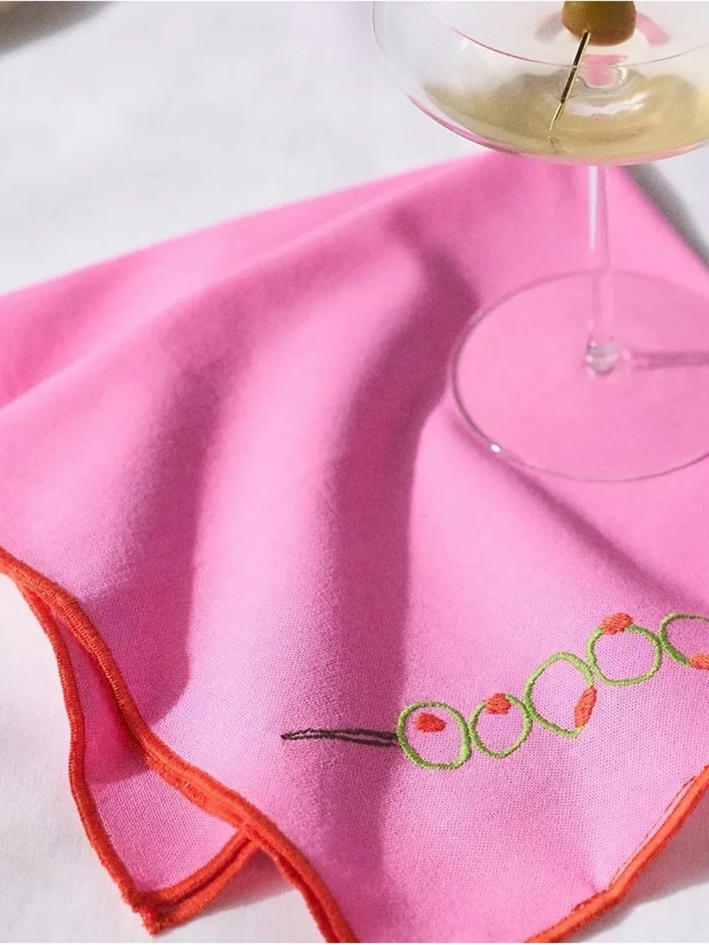 Anthropologie Cotton Pink Cocktail Napkin with Embroidered Olive Motif. Set of 2